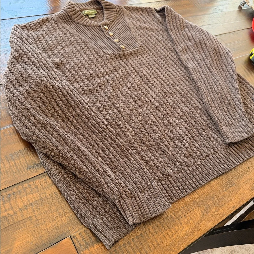 Eddie Bauer Men's Brown Ribbed Button-Neck Sweater - Picture 3 of 4